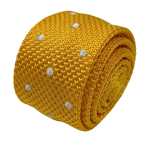 Yellow gold knitted tie with white polka spots